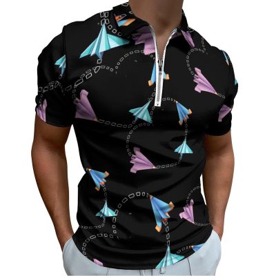 Paper Airplane Heart Men's Polo Shirts Casual Short Sleeve Tops Zippered Golf Polo Shirts 2XS