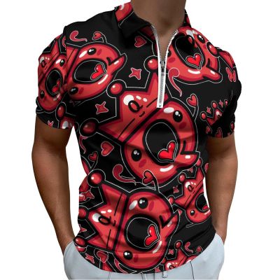Queen of Hearts Playing Cards Men's Polo Shirts Casual Short Sleeve Tops Zippered Golf Polo Shirts M