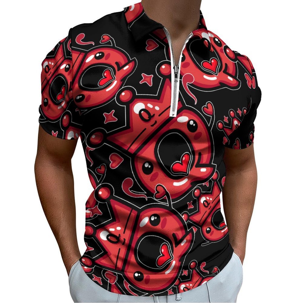 Queen of Hearts Playing Cards Men's Polo Shirts Casual Short Sleeve Tops Zippered Golf Polo Shirts M