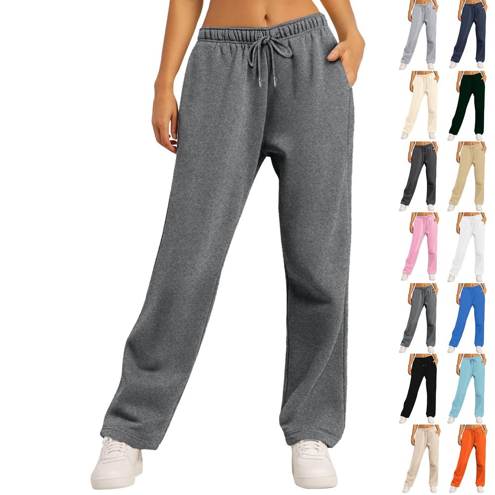 FULILYEO Cotton Sweatpants Women Baggy Low Rise Sweatpants Causal Wide Leg Sweatpants Drawstring High Waist Joggers Baggy Straight Pants Workout Lounge Yoga Pants with Pocket Open Bottom Sweatpants
