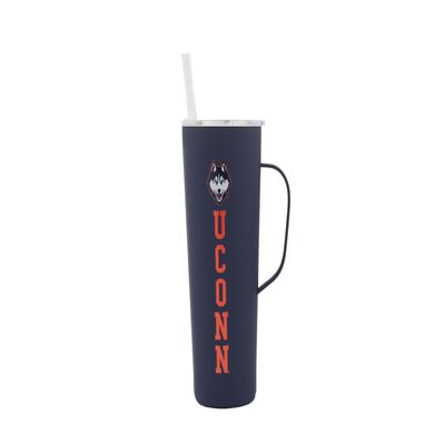 Decorvo NCAA 20 oz. Stainless Steel Tumbler with Handle - Officially Licensed Double Walled Insulated Roadie with Slide Lid and Straw (Connecticut - Navy)