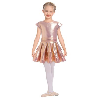 AFAVOM Girls Shiny Metallic Wet Look Dress Sparkly Latin Dance Ruffle Dress Tiered Jazz Costume Tango Ballroom Rave Festival Outfit Disco Salsa Cha Cha Party Pleated Swing Dress Rose Gold 9-10 Years