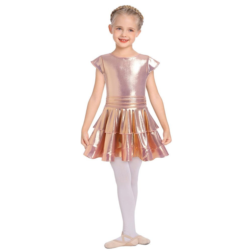 AFAVOM Girls Shiny Metallic Wet Look Dress Sparkly Latin Dance Ruffle Dress Tiered Jazz Costume Tango Ballroom Rave Festival Outfit Disco Salsa Cha Cha Party Pleated Swing Dress Rose Gold 9-10 Years