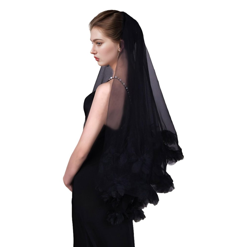 BLULILY Bridal Veil Black Flowers Veils Short Wedding Veil Bachelorettes Party Veil with Comb for Wedding and Special Occasion