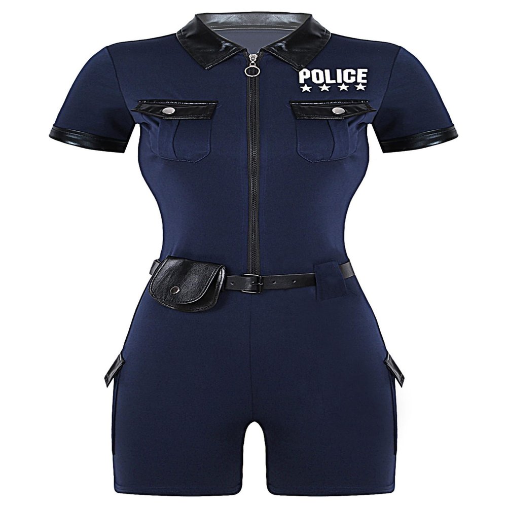 YONGHS Women's Police Officer Uniforms Cop Costume Policewoman Cosplay Costume Jumpsuits with Belt and Purse Navy Blue 3X-Large