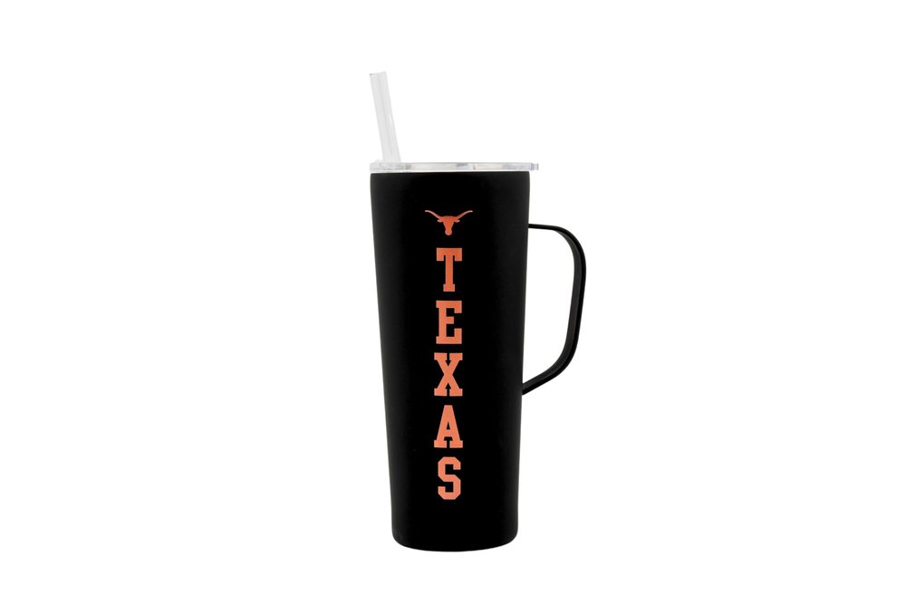 Decorvo NCAA 20 oz. Stainless Steel Tumbler with Handle - Officially Licensed Double Walled Insulated Roadie with Slide Lid and Straw (Texas text - Black)