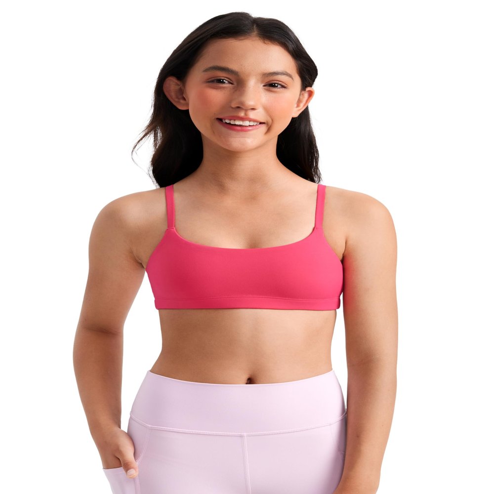 CRZ YOGA Girls Butterluxe Adjustable Spaghetti Strap Sports Bra - Yoga Athletic Casual Scoop Neck Crop Padded Kids Teen Lip Gloss Pink X-Large