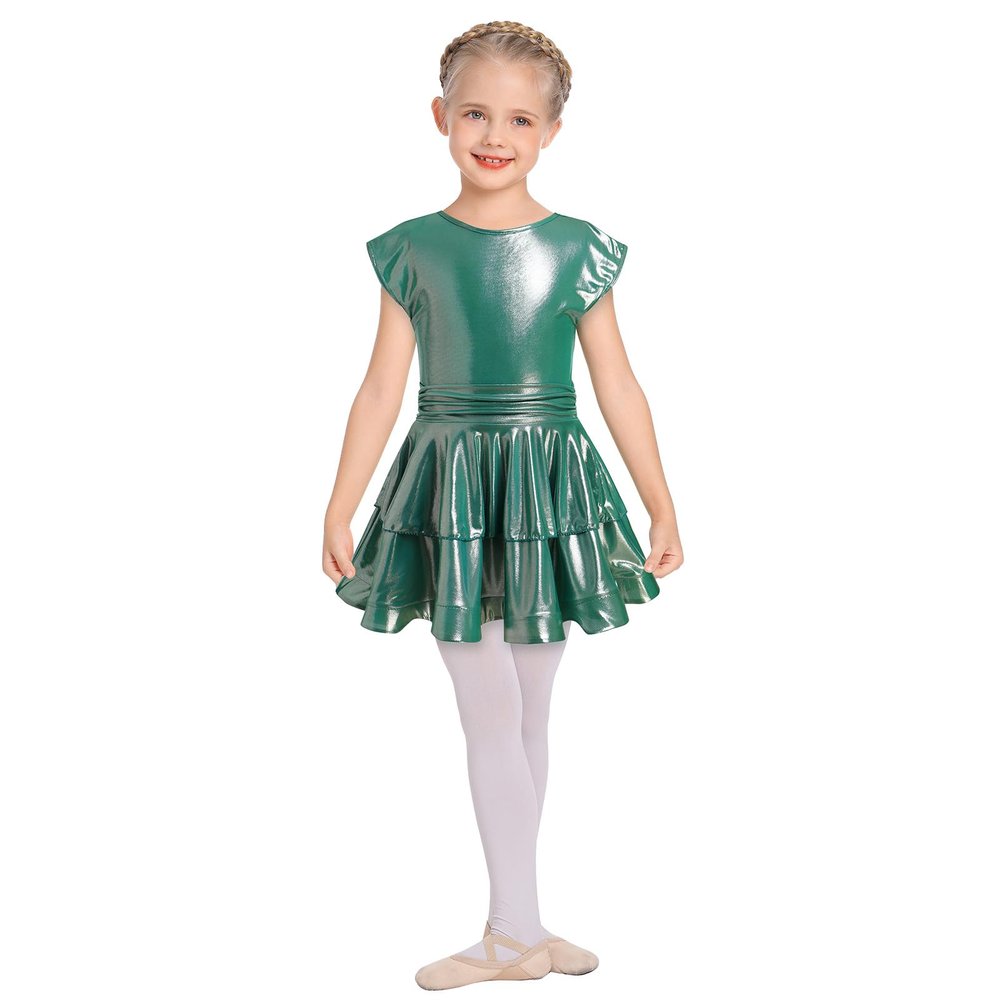 AFAVOM Girls Latin Dance Dress Sparkly Metallic Shiny Ruffle Dress Wet Look Tiered Jazz Costume Toddler Tango Ballroom Music Rave Festival Outfit Party Salsa Cha Cha Pleated Dress Green 5-6 Years