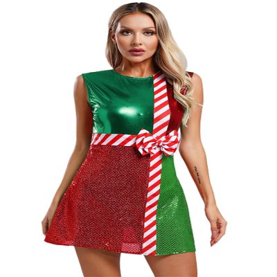 Alvivi Women's Shiny Sequins Contrast Striped Xmas Dance Dress Christmas Adult Santa Dress Costume Green Large