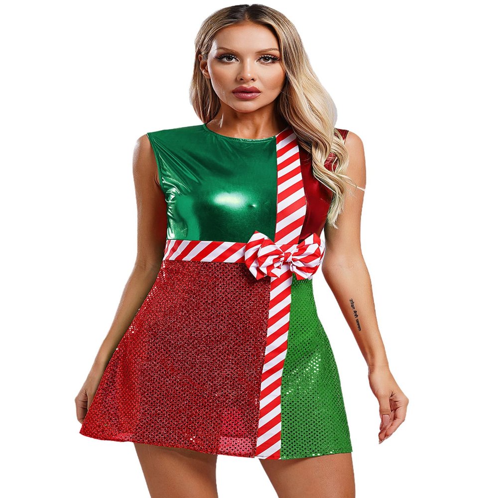 Alvivi Women's Shiny Sequins Contrast Striped Xmas Dance Dress Christmas Adult Santa Dress Costume Green Large