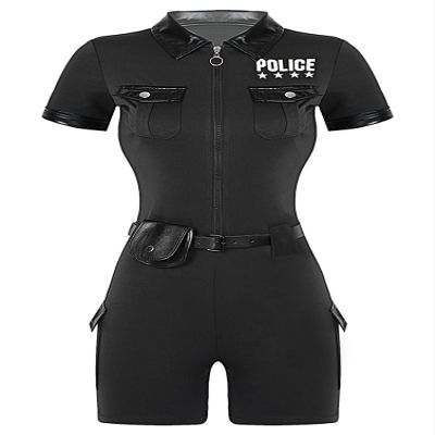 YONGHS Women's Police Officer Uniforms Cop Costume Policewoman Cosplay Costume Jumpsuits with Belt and Purse Black Medium