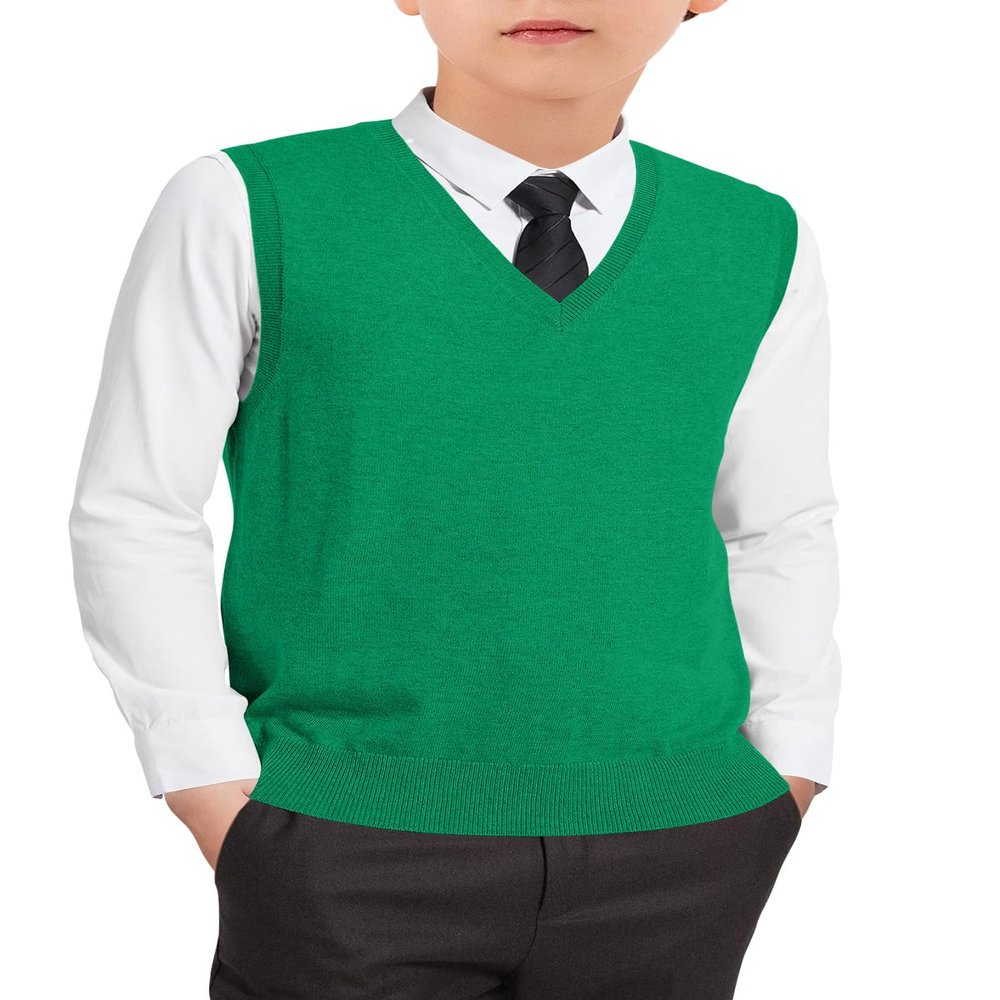 Boys Sweater Vest Kids Solid School Uniform Sleeveless Knit Sweaters Tops 5-14 Years Green