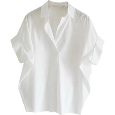 HEYXI Loose Cotton Shirt White Loose Bat Sleeve Collar Shirt Woman Daily Pullover V-Neck Blouses Top for Office School White