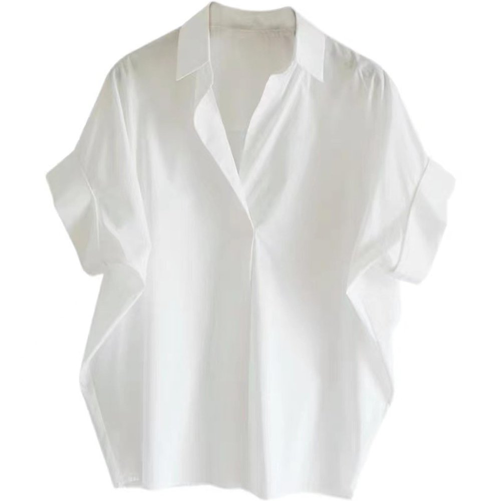 HEYXI Loose Cotton Shirt White Loose Bat Sleeve Collar Shirt Woman Daily Pullover V-Neck Blouses Top for Office School White