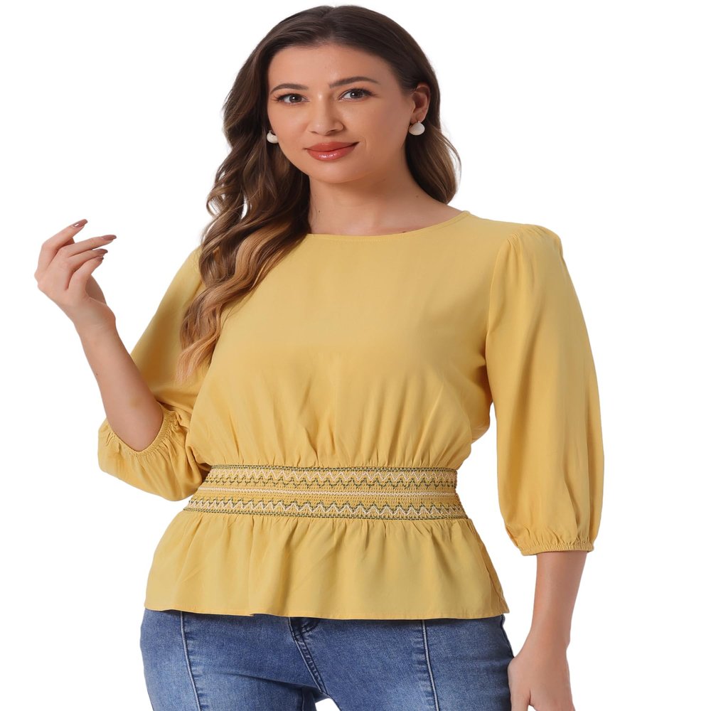 Allegra K Peplum Tops for Women's 3/4 Sleeve Smocked Waist Blouse Small Yellow