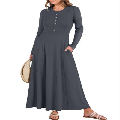 ANRABESS Women's Long Sleeve Maxi Dress 2025 Fall Casual Button Fit & Flare A-Line Swing Flowy Long Dresses Trendy Outfits Dark Gray Large