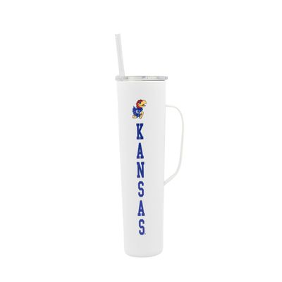 Decorvo NCAA 20 oz. Stainless Steel Tumbler with Handle - Officially Licensed Double Walled Insulated Roadie with Slide Lid and Straw (Kansas text - White)