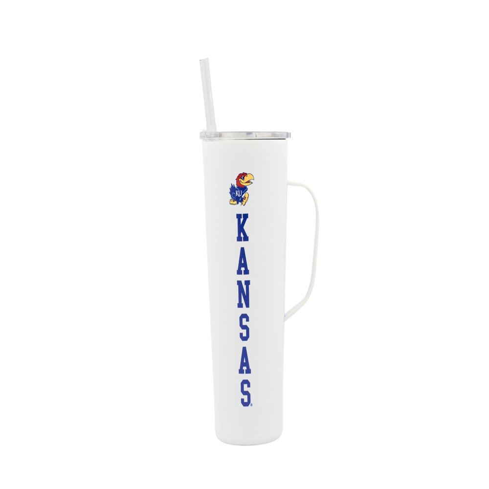 Decorvo NCAA 20 oz. Stainless Steel Tumbler with Handle - Officially Licensed Double Walled Insulated Roadie with Slide Lid and Straw (Kansas text - White)