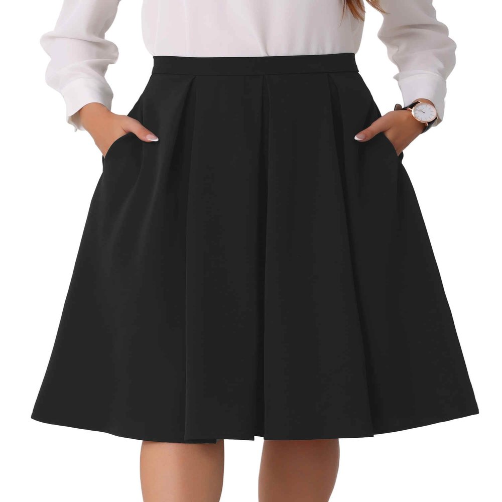 Allegra K High Waist A-Line Midi Skirt for Women's Flare Pleated Knee Length Skirt with Pocket X-Small Black