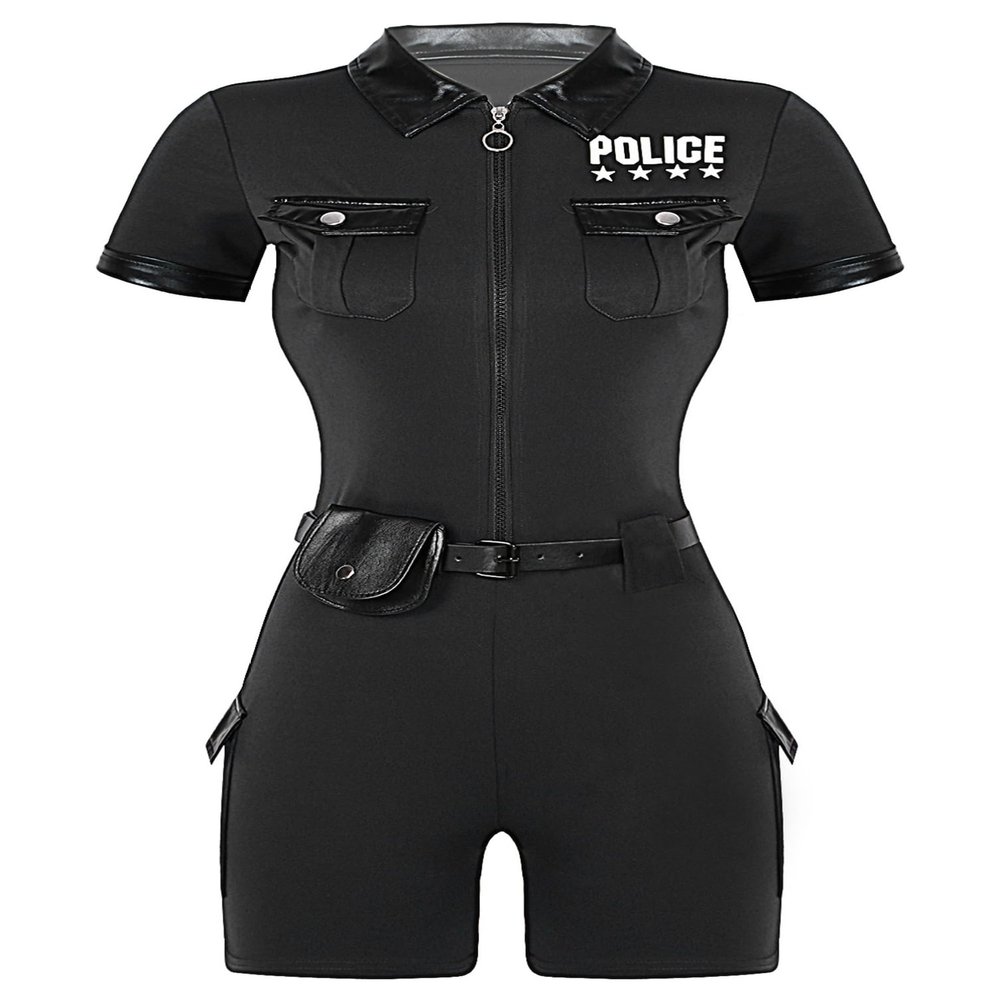 YONGHS Women's Police Officer Uniforms Cop Costume Policewoman Cosplay Costume Jumpsuits with Belt and Purse Black XX-Large