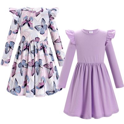 FYMNSI 2 Pack Baby Toddler Girl Dress Long Sleeve Dress Butterfly Flowers Print Ruffle Skater Dress Kids Little Girls Fall Dress Casual Holiday Everyday Dresses Winter Outfits Purple Butterflies 4-5T