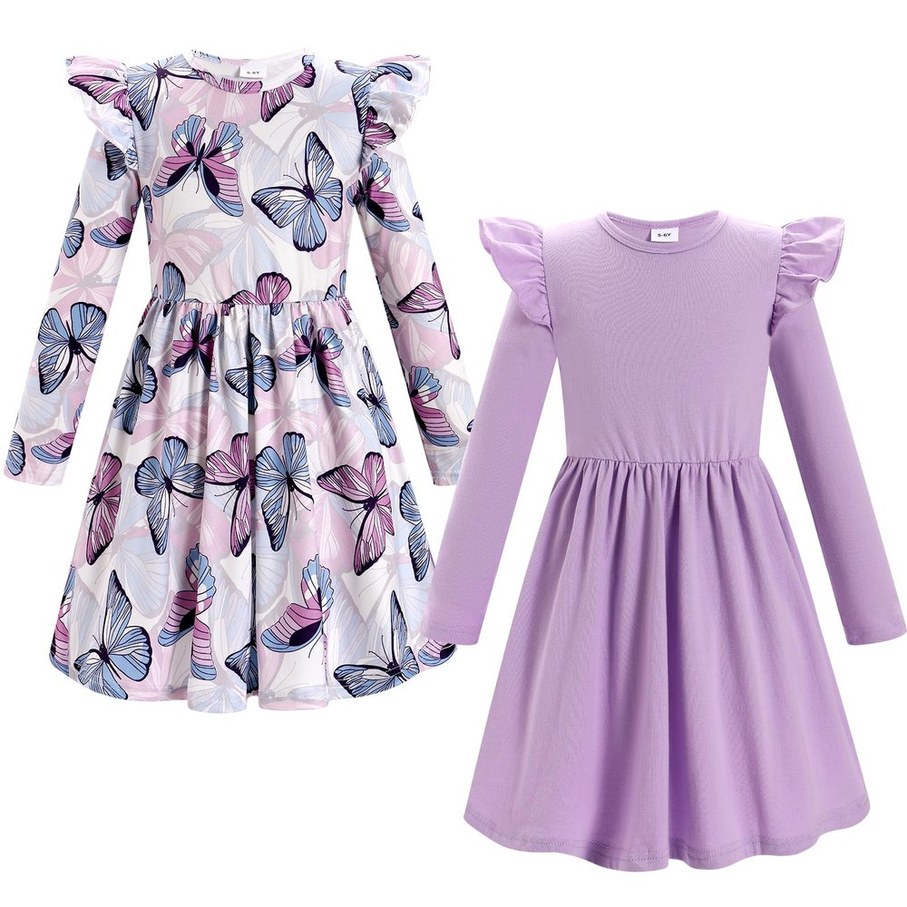 FYMNSI 2 Pack Baby Toddler Girl Dress Long Sleeve Dress Butterfly Flowers Print Ruffle Skater Dress Kids Little Girls Fall Dress Casual Holiday Everyday Dresses Winter Outfits Purple Butterflies 4-5T