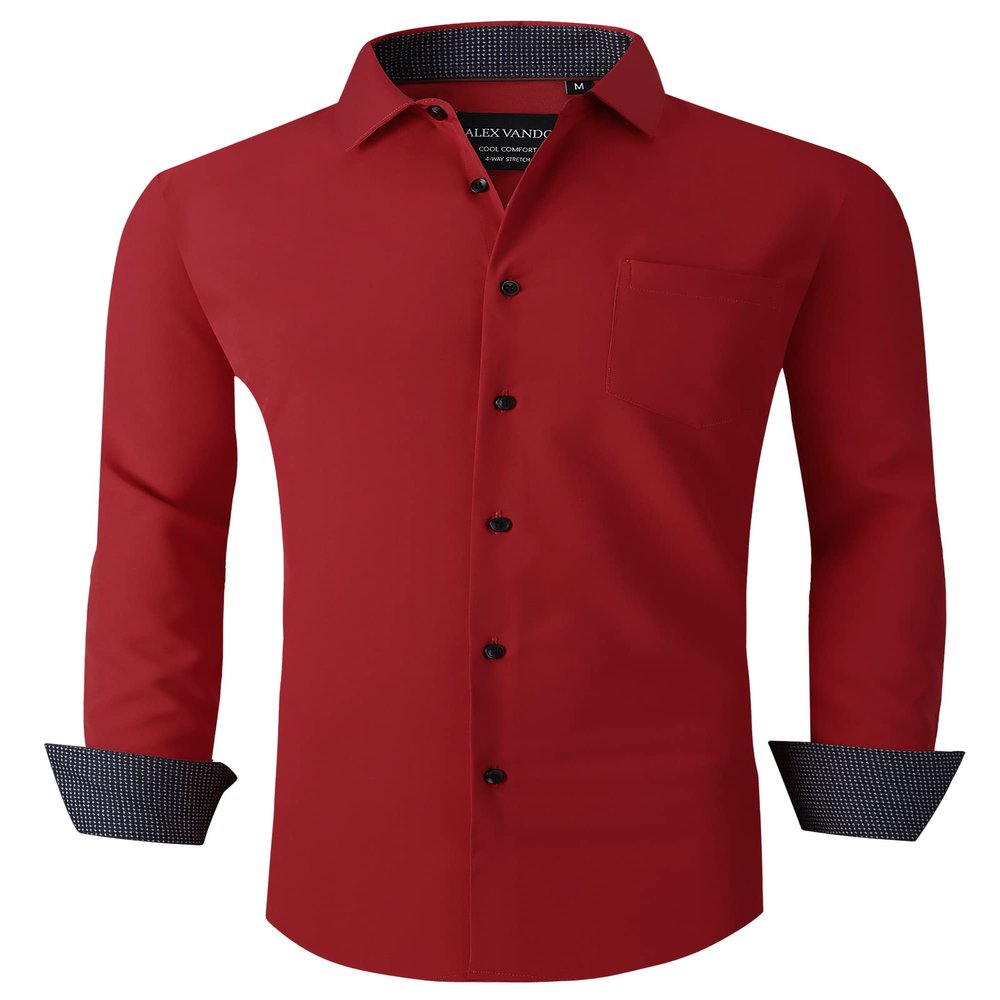 Alex Vando Dress Shirts for Men Long Sleeve 4-Way Stretch Wrinkle Free Button Down Performance Mens Shirt,Red,3XL