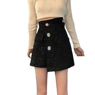 UIOKLMJH Women Buttons Casual Tweed A-Line Shorts Office Elegant Irregular High Waist Pants Black XL