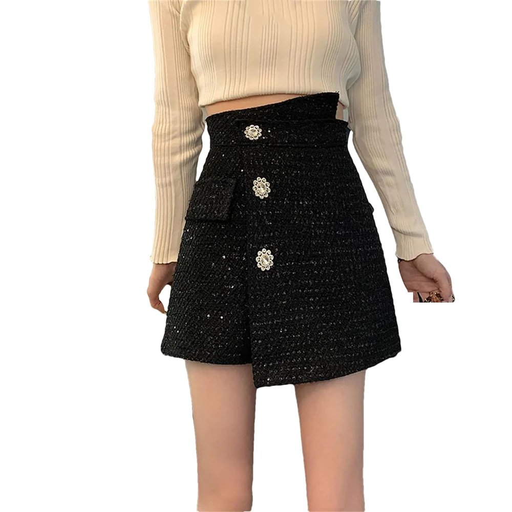 UIOKLMJH Women Buttons Casual Tweed A-Line Shorts Office Elegant Irregular High Waist Pants Black XL