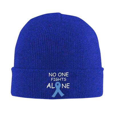 AIZBEGDLU Nobody Fights Alone Prostate Cancer Awareness Ribbon Beanie Hat Unisex Knit Hat Ski Stocking Cuffed Cap Blue
