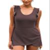 Aleumdr Women's One Piece Swimsuit with Skirt Tummy Control Swim Dress Modest Ruffle V Neck Slimming Bathing Suit Dark Brown Large view 1