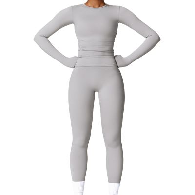 LAITEGOG Two Pieces Women's Solid Backless Tracksuit Set Women Workout Seamless Long Sleeve Yoga Set Workout Sets for Women