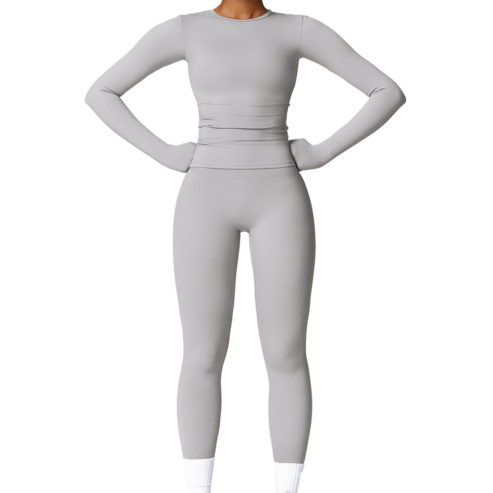 LAITEGOG Two Pieces Women's Solid Backless Tracksuit Set Women Workout Seamless Long Sleeve Yoga Set Workout Sets for Women