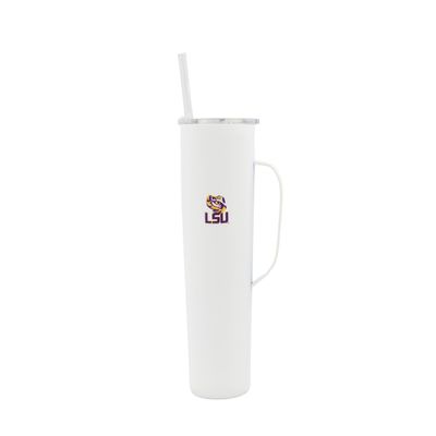 Decorvo NCAA 20 oz. Stainless Steel Tumbler with Handle - Officially Licensed Double Walled Insulated Roadie with Slide Lid and Straw (LSU Logo - White)