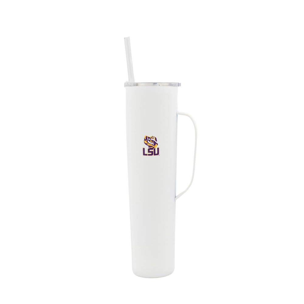 Decorvo NCAA 20 oz. Stainless Steel Tumbler with Handle - Officially Licensed Double Walled Insulated Roadie with Slide Lid and Straw (LSU Logo - White)