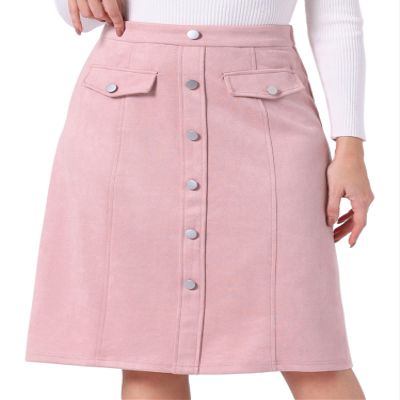 Allegra K Faux Suede Skirt for Women's Button Front High Waist 2024 Fall Knee Length A-Line Skirts Large Pink