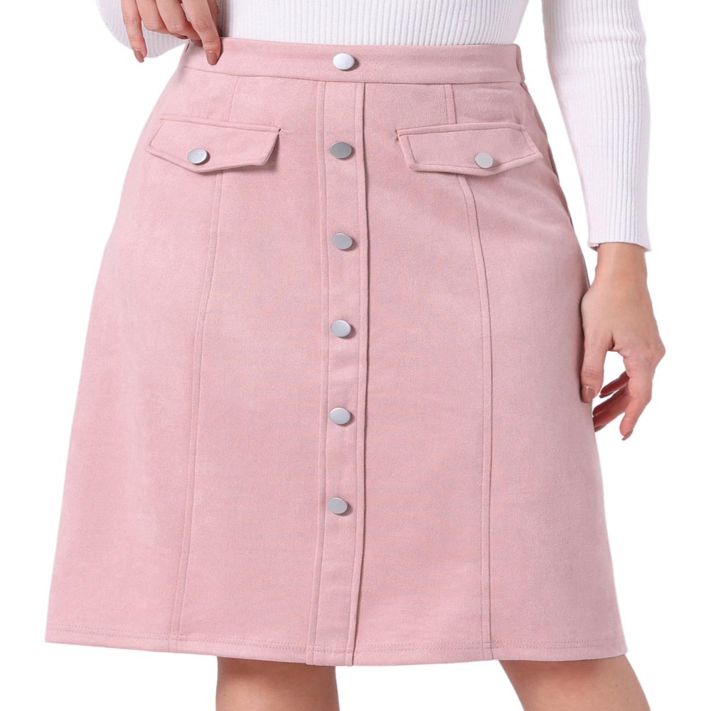 Allegra K Faux Suede Skirt for Women's Button Front High Waist 2024 Fall Knee Length A-Line Skirts Large Pink