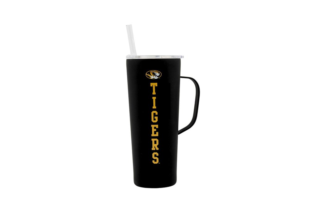 Decorvo NCAA 20 oz. Stainless Steel Tumbler with Handle - Officially Licensed Double Walled Insulated Roadie with Slide Lid and Straw (Missouri - Black)