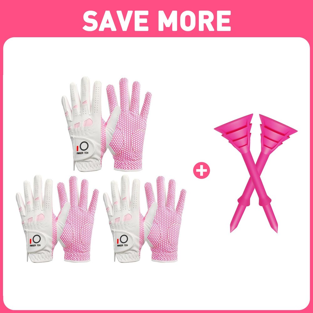 FINGER TEN Golf Gloves Women's Ladies Left Hand or Right Handed Grip Weathersof Golf Tees Plastic Unbreakable Tee 3 1/4 Inch 12/24/60 Pack