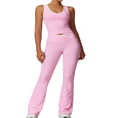LAITEGOG Women 2 Piece Workout Sets Flare Leggings Crossover High Waist Yoga Outfits Sports Bra Gym Activewear