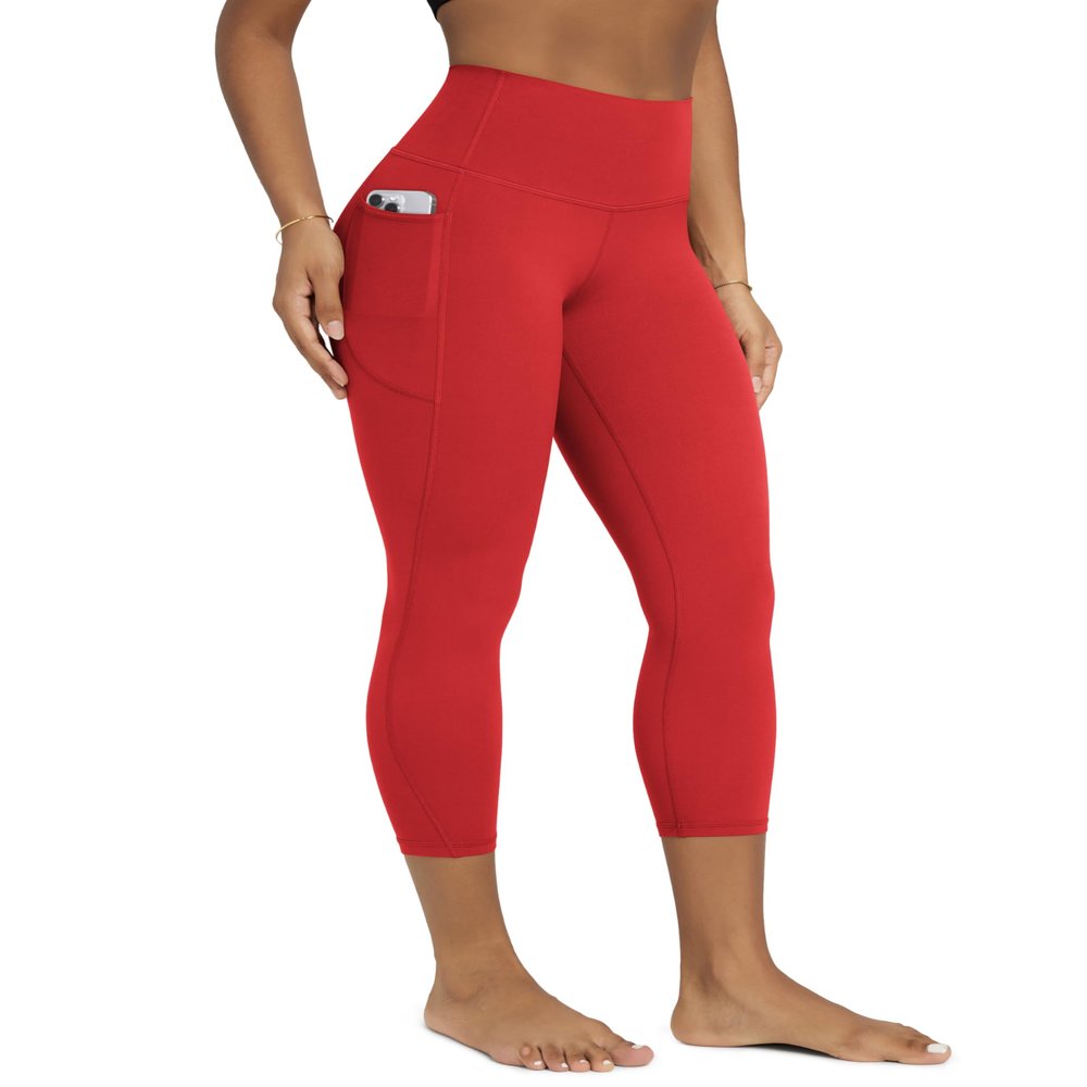 ODODOS Buttery Soft Lounge Yoga Leggings with Pockets for Women Cropped Length 23" High Waist Yoga Pants, Red, Small