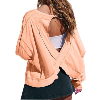 Trendy Open Back Tops for Women, Long Sleeve Workout Shirts Backless Gym Yoga Athletic T-shirt Running Crop Top