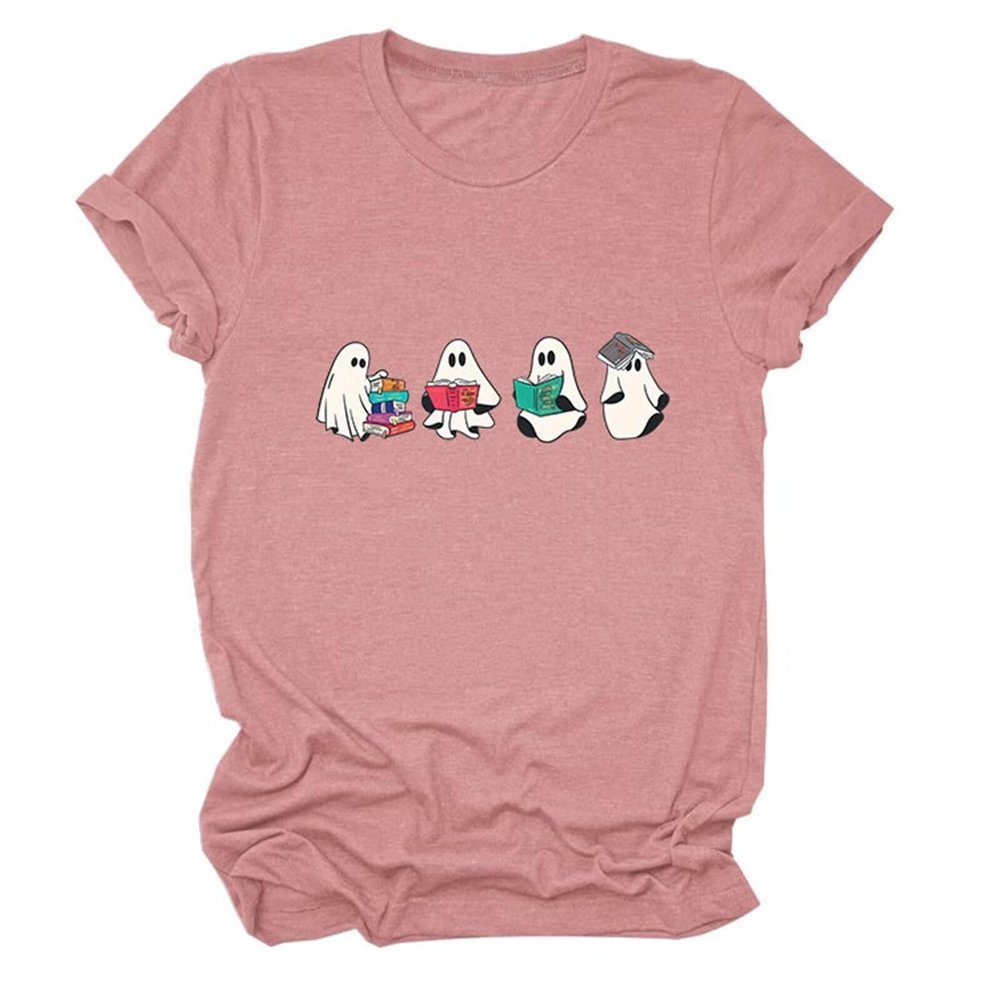 Epokay Ghostly Bookworms Graphic Tees for Women Cute Mischievous Little Ghosts Love of Book Halloween Adorable T-Shirt