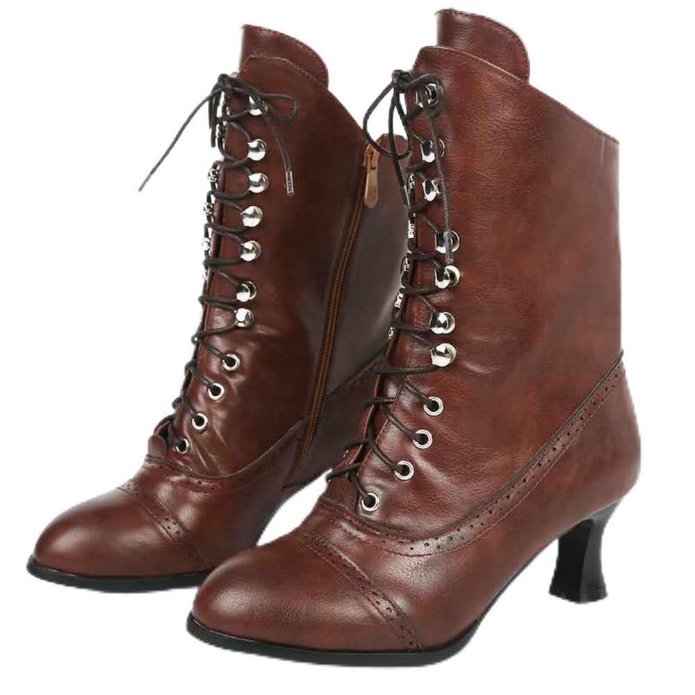 ZSpzx Victorian Boots,Women Vintage Victorian Boots 70s Lace Up Ankle Boots Mid Heel Halloween Cosplay Witch Granny Booties Cone Heel Zipper Almond Toe Costume Renaissance Shoes