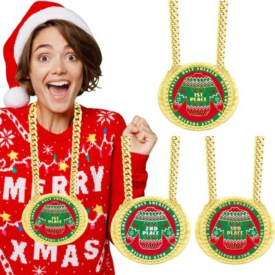 3 Pcs Large Christmas Ugly Sweater Medals Trophy Prize, 6 Inch Jumbo Chain Medals, 1st 2nd 3rd Place Award for Ugly Sweater Contest, Ugly Christmas Ornament Ugly Sweater Decorations Supplies Gift