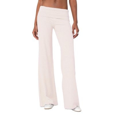 KMBANGI Women Skinny Pants Fold Over Bootcut Stretchy Yoga Flare Leggings Long Y2k Joggers Sweatpants Lounge Streetwear(Flared Beige White,L)