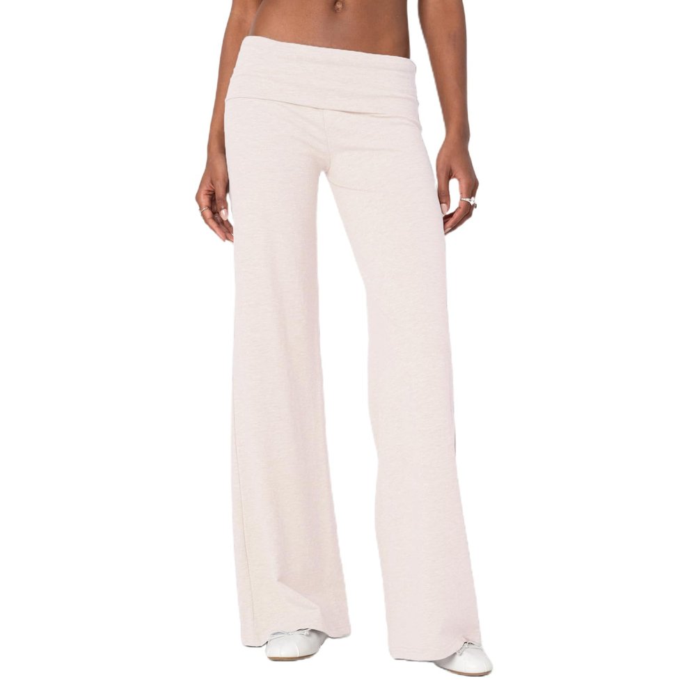 KMBANGI Women Skinny Pants Fold Over Bootcut Stretchy Yoga Flare Leggings Long Y2k Joggers Sweatpants Lounge Streetwear(Flared Beige White,L)