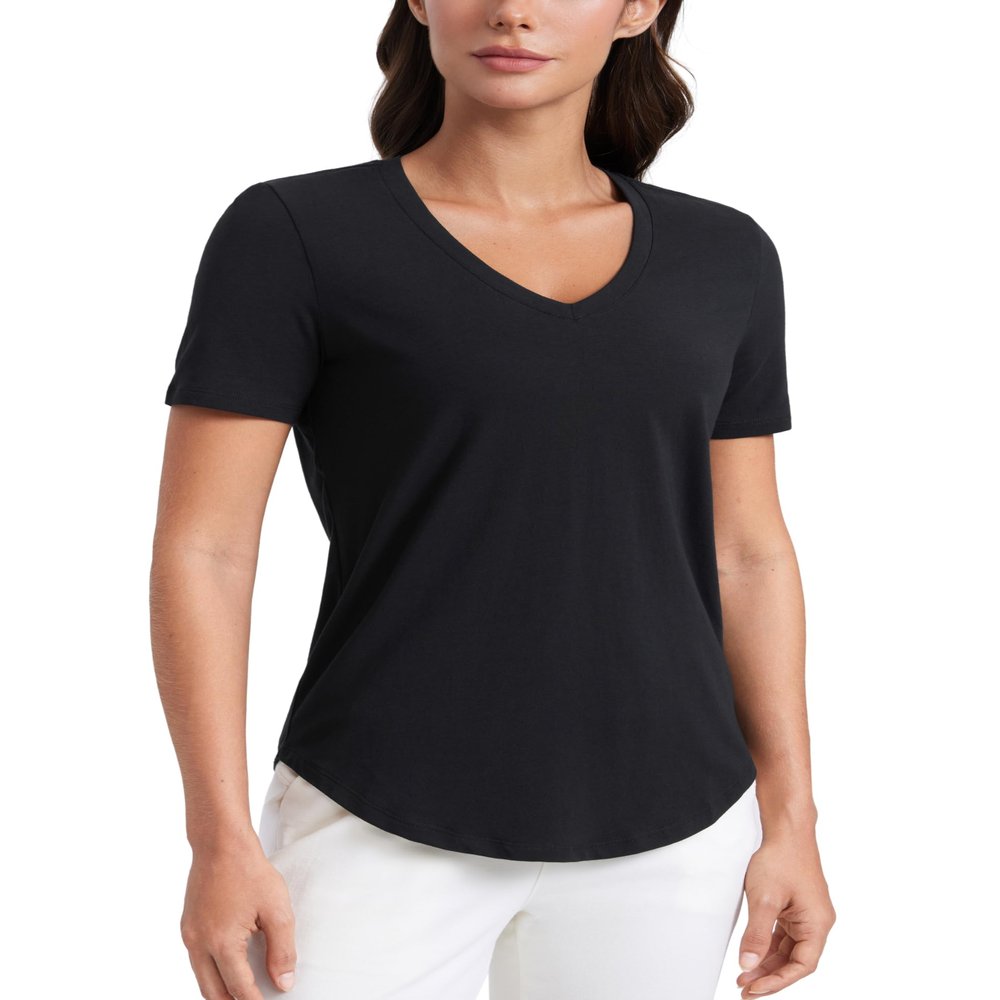 CRZ YOGA Womens Pima Cotton V Neck T-Shirt Short Sleeve Casual Workout Shirts Soft Summer Basic Tee Tops Black Small