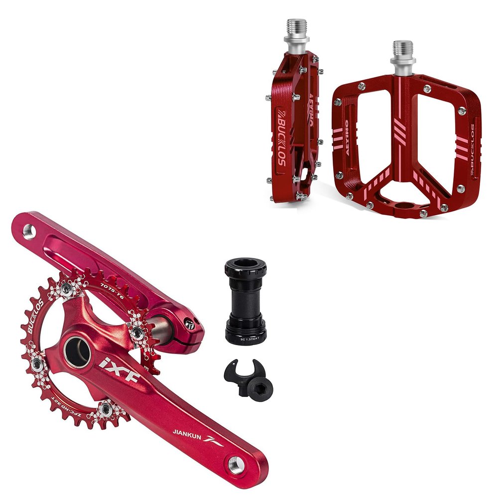 BUCKLOS IXF 104 BCD 30T-38T 170MM Mountain Bike Crankset, Hollow Integrated MTB Crank Set and MTB Flat Aluminum Alloy Pedal with Large Platform -Non-Slip Pedals