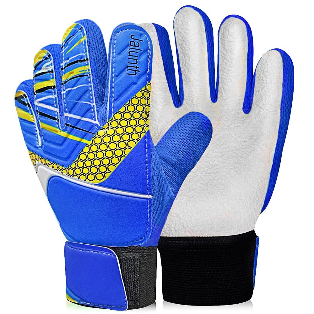 Jalunth Soccer Goalkeeper Goalie Gloves Kids Youth Goal Keeper Field Player Glove Boys Girls Ages 7-8 Years Old Anti-Slip Latex Palm Soft Pu Hand Back Blue White Size 6